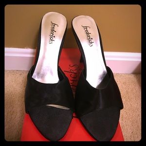Open toed  black satin shoes